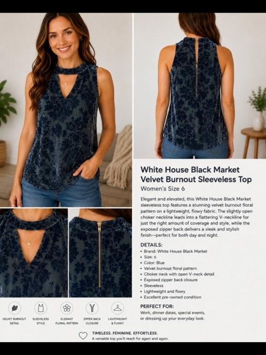 White House Black Market Tops - White House Black Market Deep Teal Blue Velvet Burnout Choker V-Neck Tank